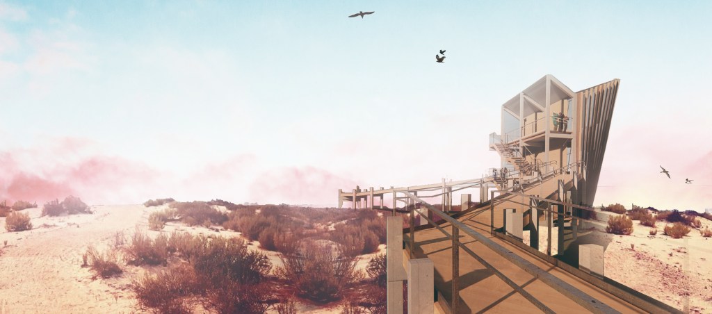 Visión trasera del proyecto Pointer del concurso Flamingo del Flamingo TowerCompetitión de Abu Dhabi por Beebreders