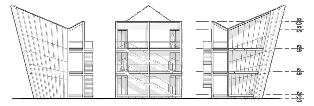 Alzado izquierdo, trasero y derecho del proyecto.