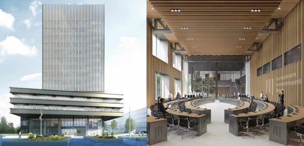 Render Exterior y vista interior de la zona Multifuncional.